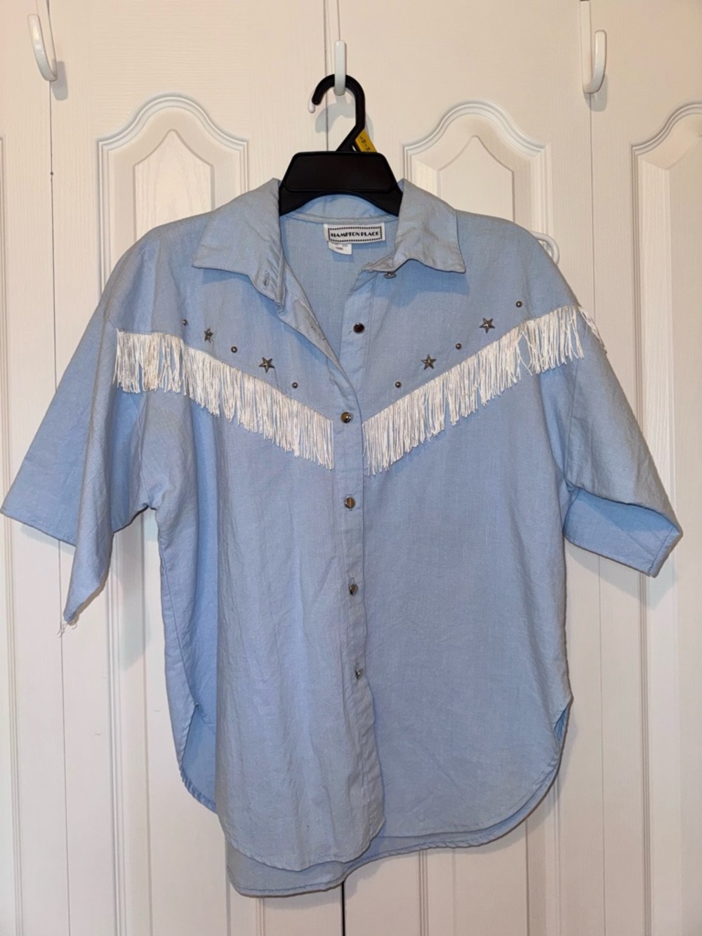 Vintage Light Blue Western Fringe Button-Down Shirt